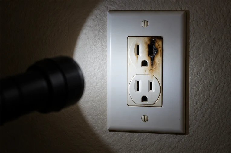 Heat-damaged electrical receptacle illuminated by a flashlight