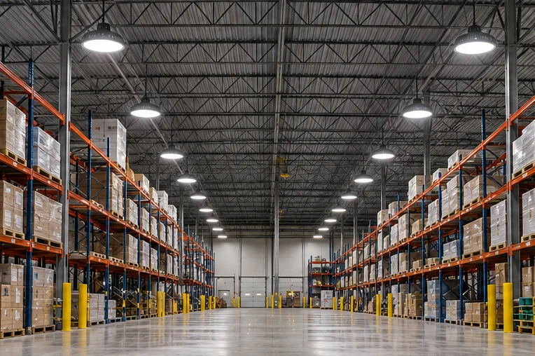 Commercial warehouse with illuminated LED high-bay fixtures
