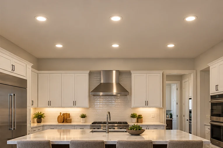 Recessed LED downlights in a kitchen ceiling