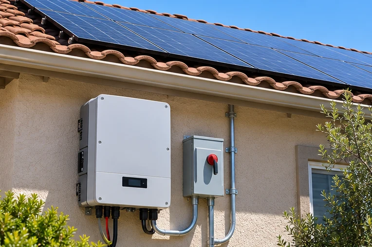 Solar inverter and disconnect below rooftop solar panels