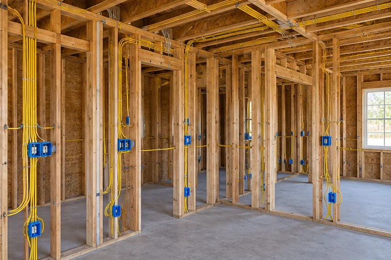Open stud walls with electrical cable and device boxes during a remodel